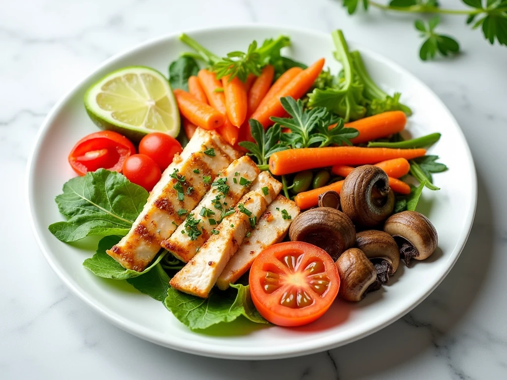 Balanceret tallerken med gr&oslash;ntsager og proteiner